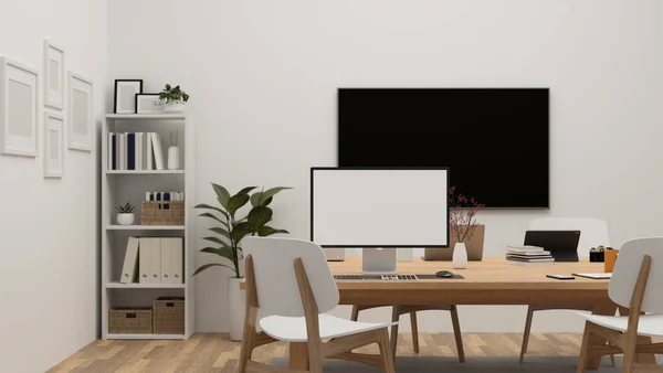 Modern minimal office co-working space room interior design with computer mockup and office accessories on the table, white shelf, indoor plant and TV on the white wall. 3d rendering, 3d illustration