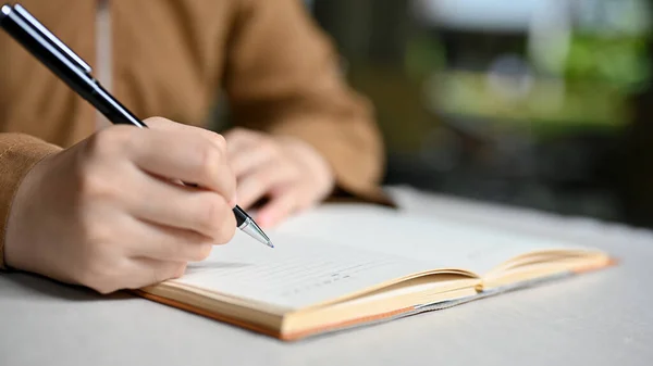 Female College Student School Student Writing Her Homework School Notebook — Foto de Stock