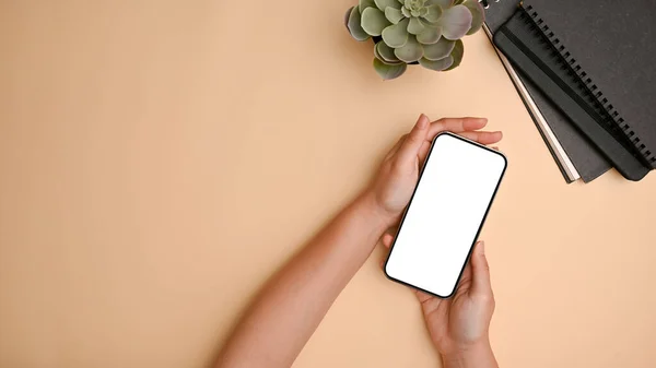 Female Hands Holding Mobile Phone White Screen Mockup Her Minimal — Foto de Stock