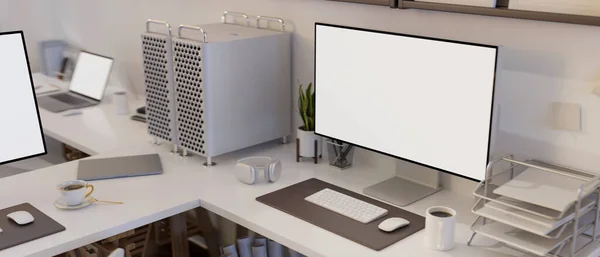 Modern office desk workspace with PC computer white screen mockup, document tray, office supplies and decors. 3d rendering, 3d illustration