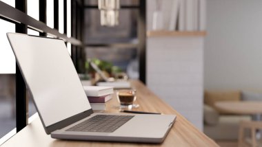 Kafede laptopun bilgisayar modeli ve aksesuarları olan modern bir çalışma alanı. Dikiz aynası. 3d görüntüleme, 3d illüstrasyon