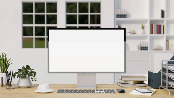 Home Office Studio Interior Design Computer White Screen Mockup Decor — Stock Photo, Image