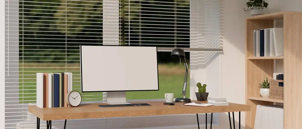 Home Apartment Workplace Interior Minimal Style Computer Blank Desktop Mockup — Stock Photo, Image