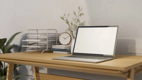 Minimal Comfortable Workplace Tabletop Laptop White Screen Mockup Alarm Clock — Φωτογραφία Αρχείου