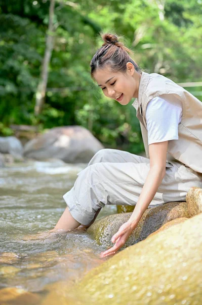 Beautiful Attractive Young Asian Female Relaxing Sitting River Touching Fresh — Stockfoto