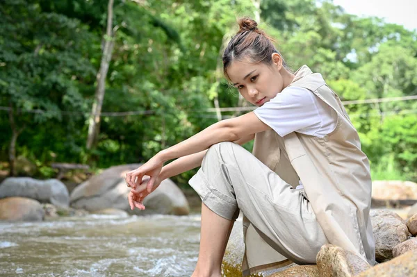 Beautiful Young Asian Woman Pensive Thinking Something While Relaxing Beautiful — Stockfoto