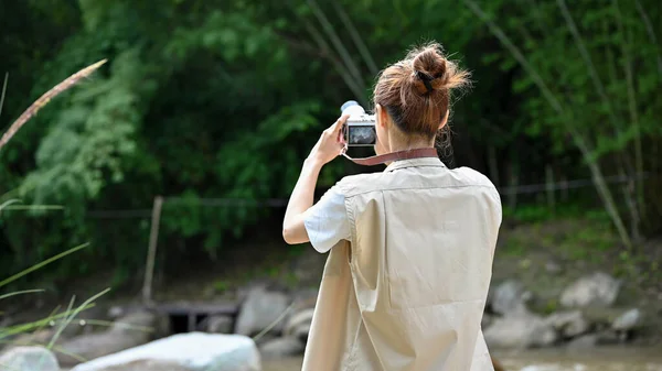 Hipster Young Asian Female Taking Picture Beautiful Forest Her Retro — Foto de Stock