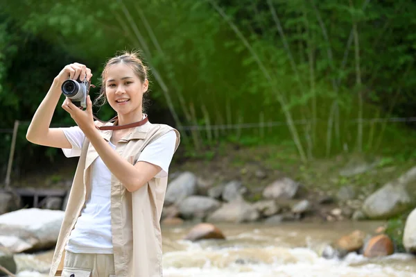 Beautiful Attractive Young Asian Female Taking Picture Beautiful Forest Her — Stockfoto