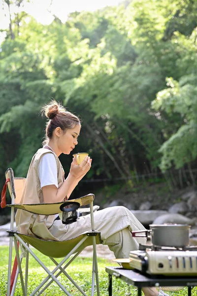 Calm Relaxed Young Asian Female Camping Campground Sitting Camping Chair — Stockfoto