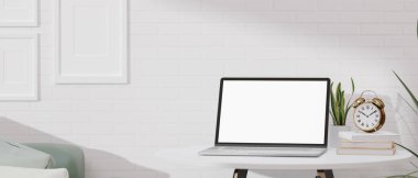 Ev oturma odasındaki çalışma alanı, portatif dizüstü bilgisayar, beyaz ekran ve aksesuarları beyaz tuğlalı duvarın üzerinde olan minimal beyaz iç mekan tarzı. 3d görüntüleme, 3d illüstrasyon