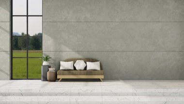 Rahat kanepe, dekorasyon ve gri beton duvara karşı beyaz mermer zemin üzerinde kopyalama alanı olan modern minimal ferah oturma odası iç tasarımı. 3d görüntüleme, 3d illüstrasyon