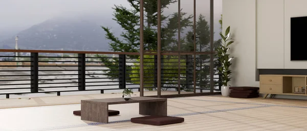 Japon Zen Tarzı Ahşap Sehpası Televizyon Dolabı Paspas Döşemesi Balkonu — Stok fotoğraf