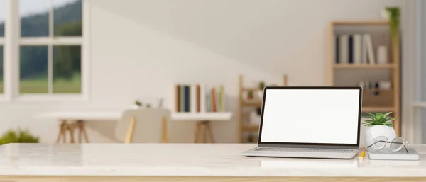 White Workspace Tabletop Blank Laptop Screen Mockup Accessories Montage Space — Fotografia de Stock