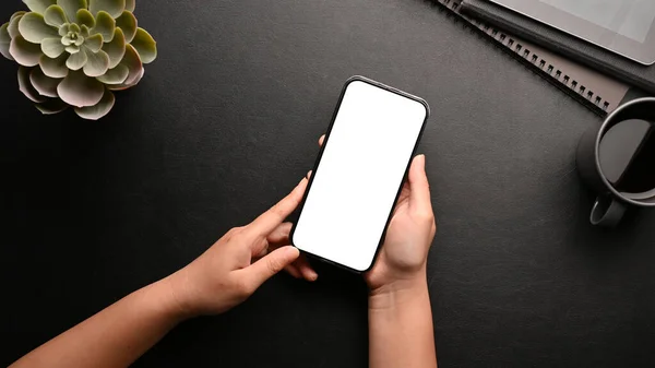 Top View Female Hands Holding Smartphone White Screen Mockup Modern — Fotografia de Stock