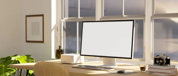 Modern minimal office desk with PC desktop computer white screen mockup, keyboard, and accessories against the window. 3d rendering, 3d illustration