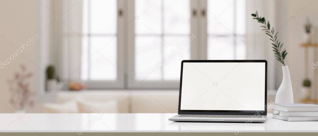 White tabletop with laptop computer blank desktop mockup, ceramic vase and copy space for montage your product display over blurred minimal living room in background. 3d rendering, 3d illustration