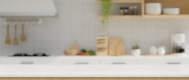 Modern white kitchen countertop or tabletop with copy space for montage your product display over blurred minimal white kitchen in the background. 3d rendering, 3d illustration