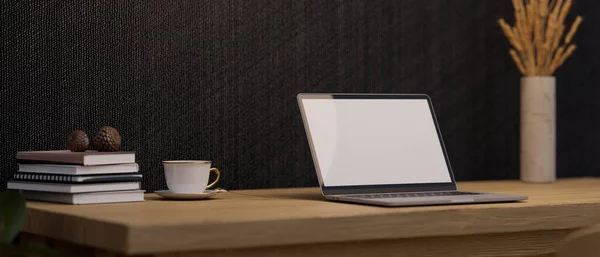 Trendy Workspace Portable Notebook Laptop White Screen Mockup Coffee Cup — 스톡 사진