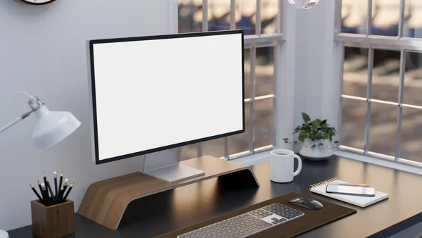 Minimal White Office Desk Blank Desktop Computer Mockup Office Supplies — Stock Fotó
