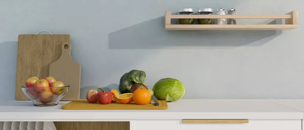 Modern white kitchen countertop with fruits and vegetables on wooden chopping board and copy space for your product display over the light blue wall. close-up image. 3d rendering, 3d illustration