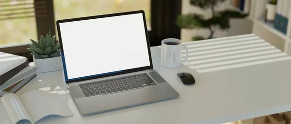 Notebook Laptop White Screen Mockup Wireless Mouse Coffee Mug Accessories —  Fotos de Stock