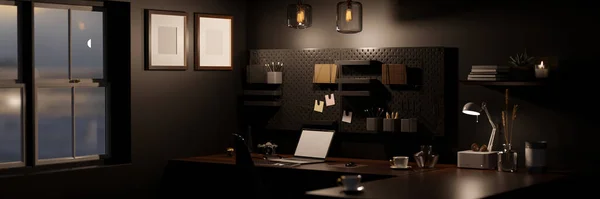 Modern stylish dark office workspace at night with laptop mockup and accessories on black table, black pegboard on black wall. 3d rendering, 3d illustration