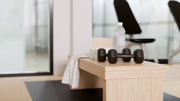 Fitness Gym Background Exercise Equipment Dumbbells Bottle Water Towel Wooden — Fotografia de Stock