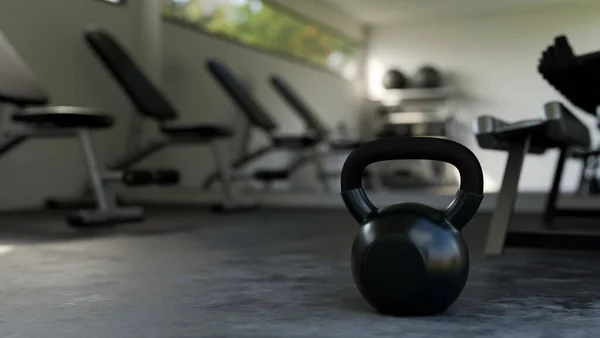 Kettle bell is on a gym floor over blurred modern professional fitness gym in the background. close-up image, sport fitness equipment. 3d rendering, 3d illustration