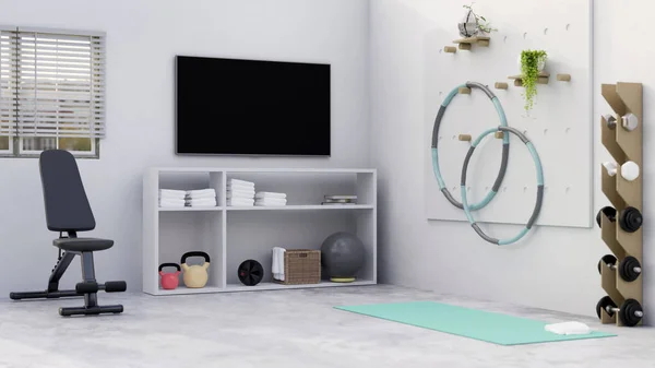 Modern minimal home fitness gym interior design with bench, hola hoop, dumbbells, kettle bell, exercise mat, TV screen white white wall. 3d rendering, 3d illustration