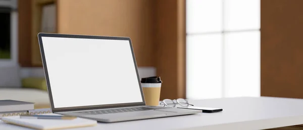 Modern Comfortable Workspace Office Room Notebook Laptop White Screen Mockup — Fotografia de Stock