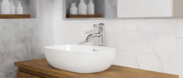 Close Image Minimal Wood Bathroom Countertop Ceramic Vessel Sink Faucet — Stock fotografie
