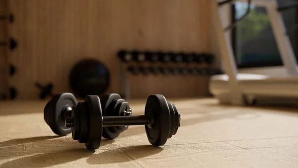 Dumbbells on the fitness floor, close-up image. Fitness gym training sport equipments concept. 3d rendering, 3d illustration