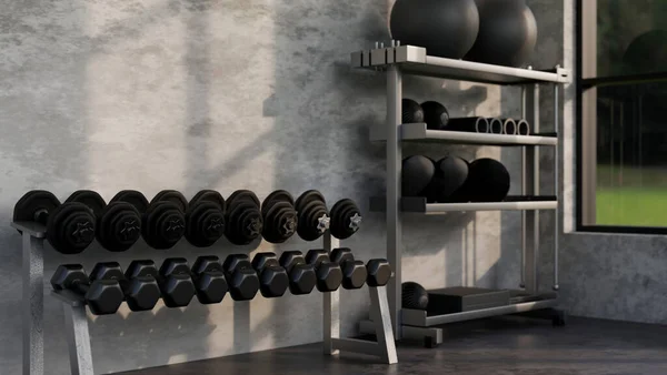 Modern Loft Fitness Gym Training Room Interior Design Rows Dumbbells — Stockfoto