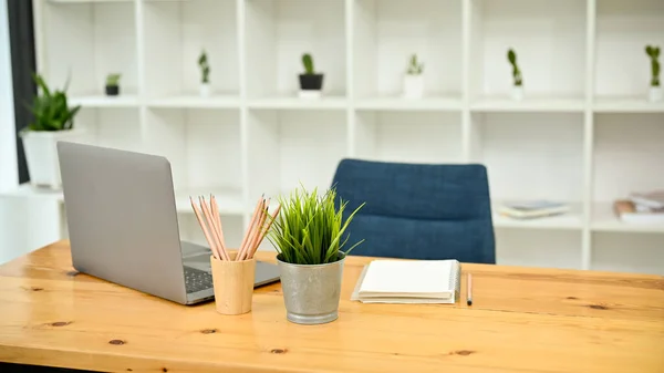 Modern Office Workspace Laptop Computer Notebook Stationery Decor Plant Wooden — Stockfoto