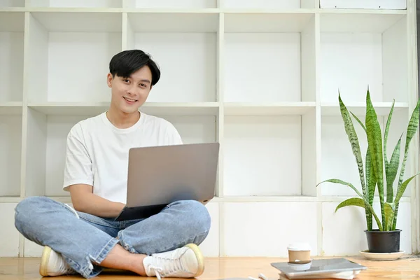 Handsome Happy Young Asian Man Sitting Minimal Coffee Shop Working — Stockfoto