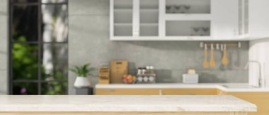 Copy space for montage your product display on modern marble kitchen tabletop over blurred modern home kitchen cooking space in the background. 3d rendering, 3d illustration