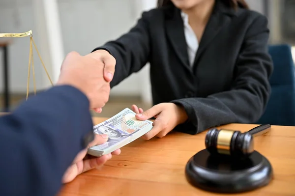 Asian Female Lawyer Business Legal Consultant Office Desk Receives Money — Stock Photo, Image