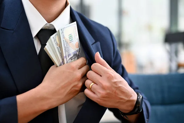 Businessman Take Dollar Money Banknote His Suit Pocket Corruption Bribery — Foto Stock