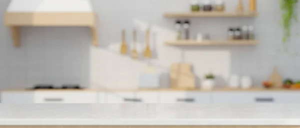 Empty mockup space for montage your product display over blurred modern minimal white kitchen cooking space in the background. 3d rendering, 3d illustration