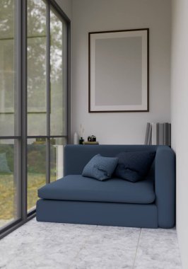 Modern home relaxing area interior design with comfy blue corner sofa or couch with accessories and frame mockup on white wall. 3d rendering, 3d illustration