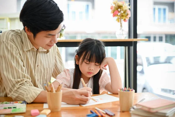 Adorable Cute Young Asian Girl Focused Doing Her Art Homework — Stock fotografie