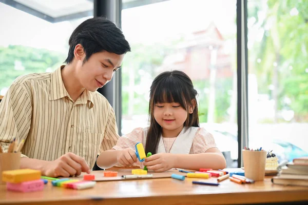 Cheerful Happy Young Asian Girl Enjoy Sculpting Play Dough Moulding — Stockfoto