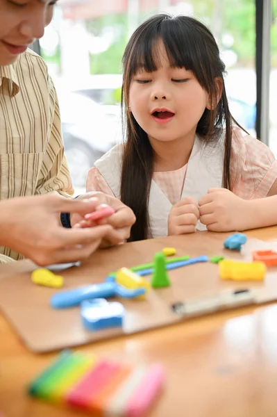 Portrait Charming Young Asian Girl Enjoys Playing Play Dough Moulding — Stockfoto