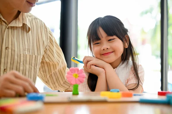 Lovely Young Asian Girl Admiring Cute Flowers Play Dough Having — Stockfoto