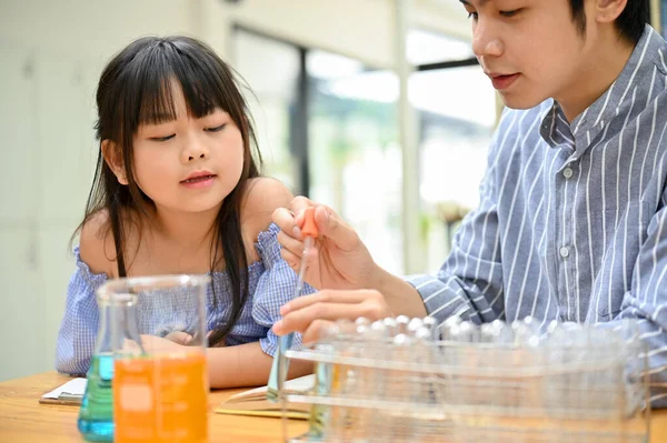Happy Lovely Young Asian Girl Concentrating Looking Her Teacher While — 스톡 사진