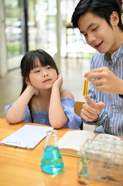 Portrait Bright Pretty Asian Girl Concentrating Listening Her Teacher While — Fotografia de Stock