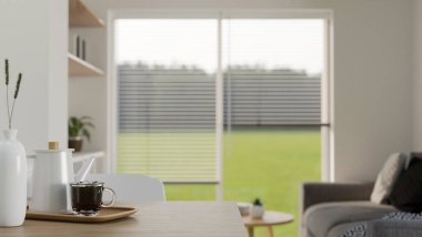 close-up image, A copy space for montage your product display on wood dining table over blurred comfortable and minimal living room in the background. 3d rendering, 3d illustration