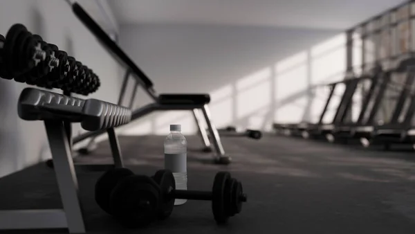 Modern Dark Fitness Gym Centre Background Black Dumbbells Bottle Water — Fotografia de Stock