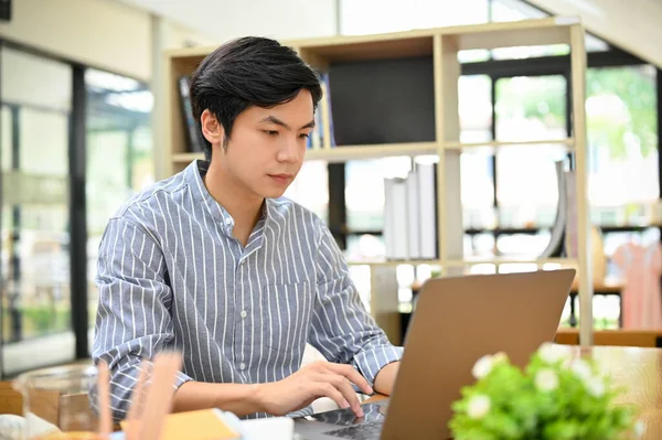 Handsome Smart Young Asian Male Freelancer Businessman Remote Working Coffee — 스톡 사진