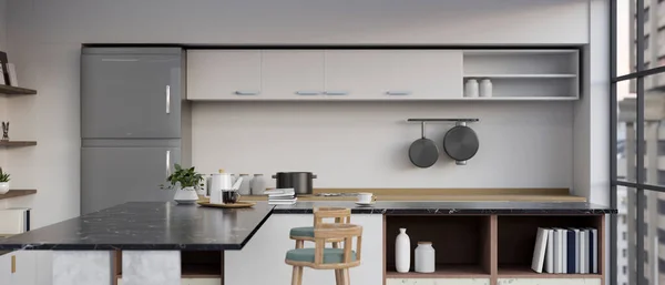 Modern Kitchen Interior Design Black Marble Kitchen Countertop Stools Fridge —  Fotos de Stock
